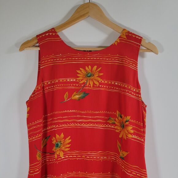 Vintage SPENSER JEREMY Red Silk Floral Midi Shift Dress Sz 10 Sunflower Tank 90s - Picture 3 of 10
